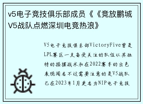 v5电子竞技俱乐部成员《《竞放鹏城V5战队点燃深圳电竞热浪》